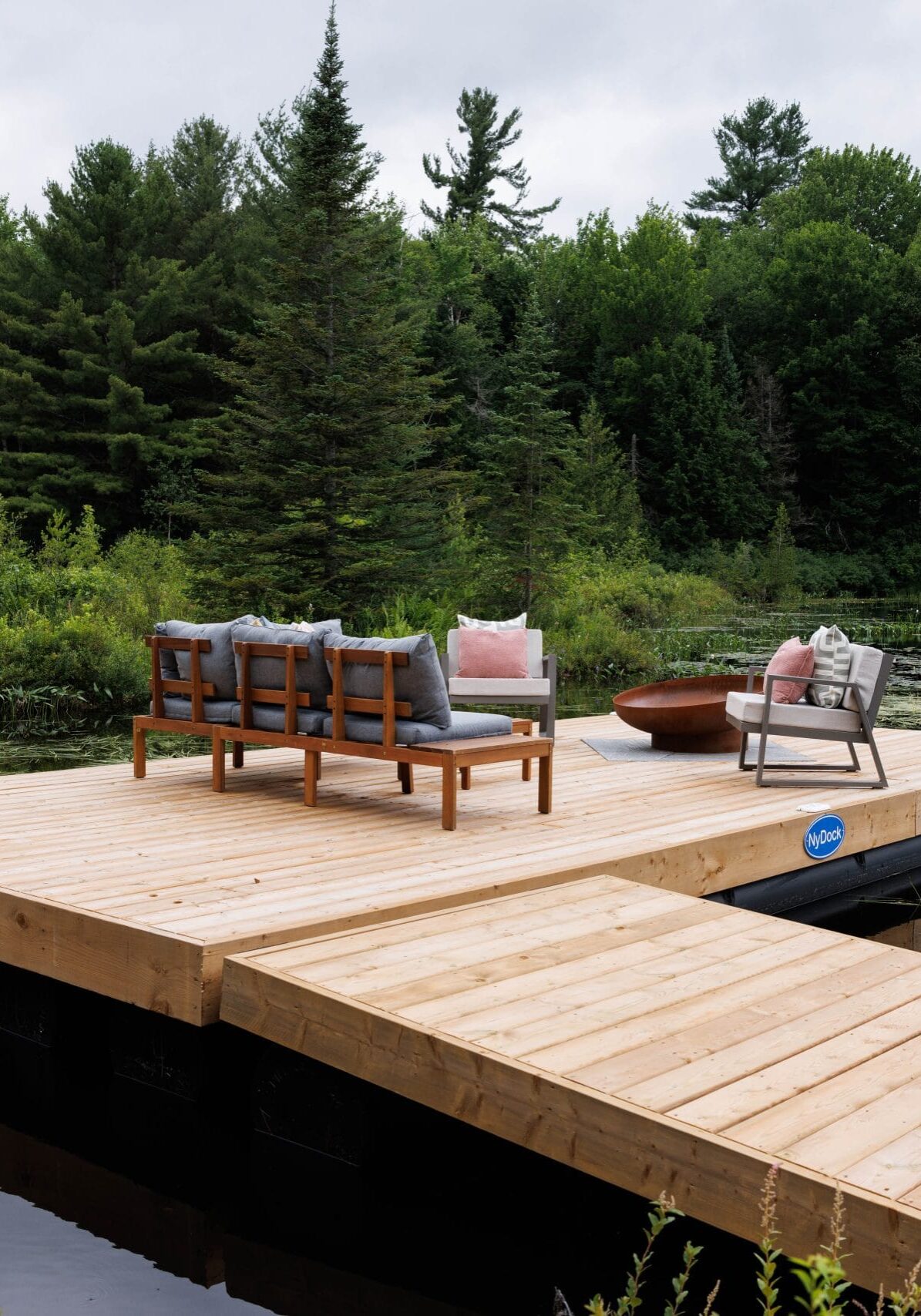 l shaped floating dock with stone inlay